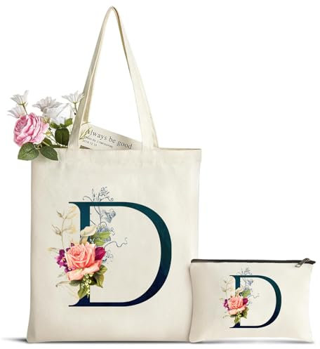 Personalizadas Inicial Bolsa de Lona, Bolso Tote de Mujer con Inicial y Flores, Bolsa de Compras con Bolso de Cosméticos, Regalos para Damas Amigas Mamá, Regalo de Cumpleaños Boda Navidad D