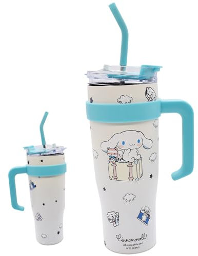 FYDZBSL Cinnamorrol Mug Isotherme avec Paille et Poignée 1.2L Cinnamorrol Travel Mug with Handle, Tasse Isotherme Anti-fuite Élégant et Durable Gobelet Paille de Bureau et Voiture en Acier inoxydable