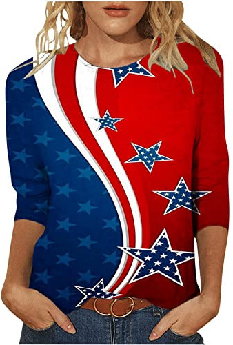 4. Juli Shirts für Damen, Amerika-Flagge, Sterne, Streifen, Grafik-T-Shirt, Sommer, lässig, 3/4-Ärmel, Rundhalsausschnitt, Tunika, Bluse, lockere Passform, Pullover, T-Shirts, patriotisch für