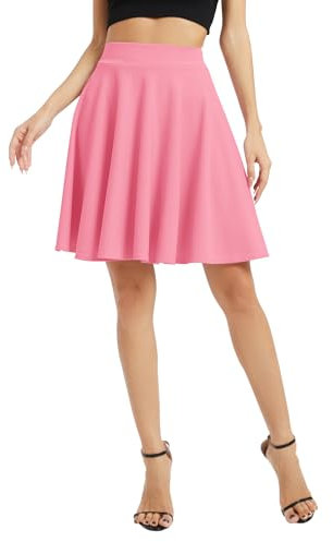EXCHIC Femmes Élégant Taille Élastique Trompette A-Ligne Midi Jupe Base Uniforme Plissée roulettes Jupe(L, Rose)