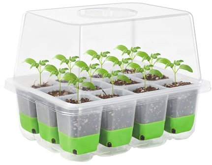 VDYXEW Seed Trays Seedling Starter Tray (12 Cells per Tray), Humidity Adjustable Plant Germination Kit Mini Propagator Greenhouse with Dome and Base Plant Tags Hand Tool Kit (Green)