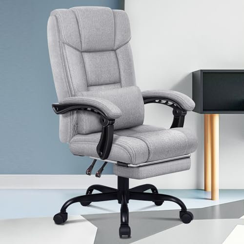 ELFORDSON Executive Office Chair with Lumbar Support, Ergonomic Desk Chairs with Footrest Armrests, Computer Gaming Chair for Home Office, High Back Height Adjustable Reclining Swivel, Fabric, Grey