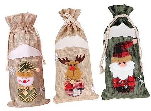 TOPBATHY 3er Set Weihnachts Flaschentaschen Aus Leinen Dekorative Flaschenhüllen Für Weinflaschen Sektflaschen Und Nikolaus Schneemann Und Rentier Design Perfekt Für