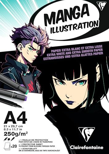 Clairefontaine 976163C - Zeichenblock Malblock Manga Illustration, DIN A4 21x29,7 cm, geleimt, 20 Blatt 250g, extraweiß, 1 Stück