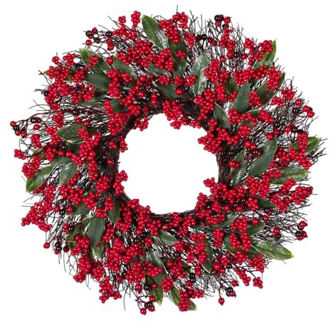 JISADER Ghirlanda di bacche rosse, porta d'ingresso, ghirlanda di Natale artificiale, ornamento da appendere alle feste, per parete esterna, finestra,
