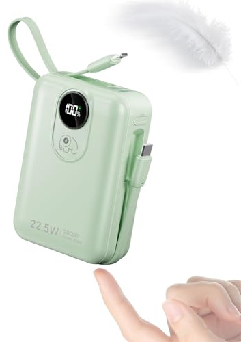 20000mAh Power Bank con Cable Incorporado: Batería Externa de Carga rápida de 22.5W para teléfono móvil, Battery Pack USB C (Entrada y Salida), Cargador portátil con 4 Salidas y 2 entradas-Verde