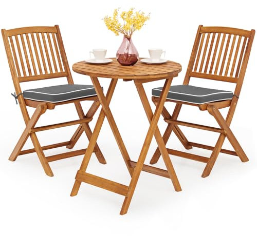 GOPLUS Juego de Mesa y Sillas para Jardín 3 Piezas, 1 Mesa Redonda y 2 Sillas Plegables con Cojines, Muebles Jardin de Madera de Acacia para Exterior Terraza Patio Bistro Piscina (Gris)