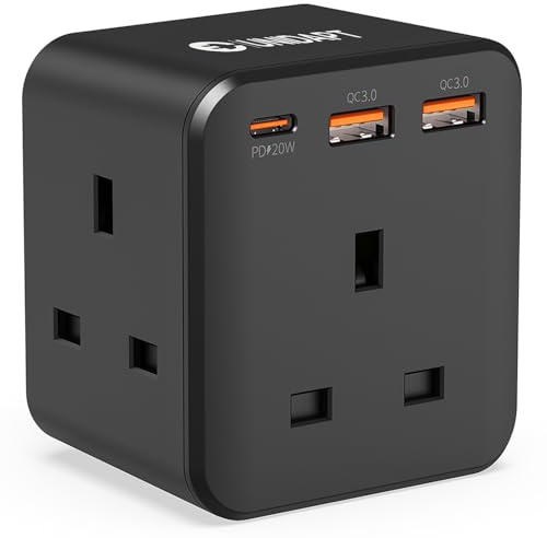 Unidapt Plug Extension Socket, 3 Fast USB Charge Ports, Black | 3 way multi plug adaptor with PD 20W USB-C fast charging; compact power cube for home, office and travel