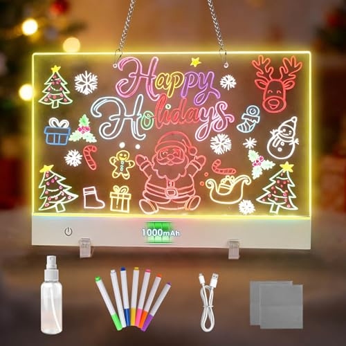 Leuchtendes Acryl Led Zeichenbrett Wiederaufladbar 25*35CM Maltafel mit 8 Lichteffekten & 3 Modi, Led Schreibtafel Löschbar mit Ständer & Aufhängungskette für Memo, Werbetafel, Weihnachtsdekorationen