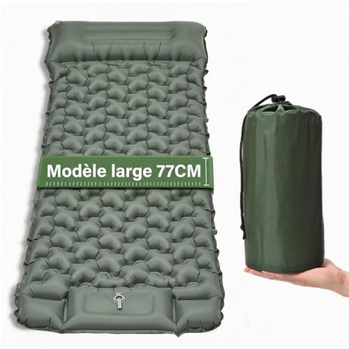 HAUSPROFI Isomatte Camping Luftmatratze extra breit, Ultraleicht, aufblasbar – mit integriertem Kissen & Fußpumpe, 197x77x10 cm, 40D TPU, kleines Packmaß für Outdoor & Reisen (Armeegrün)