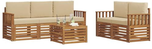 vidaXL Sofagarnituren 6 pcs Natur und Beige Massivholz Akazie, Moderne Gartenmöbel, strapazierfähiges Outdoor-Sofa, Lounge-Set für die Terrasse, bequemes Sitzen draußen