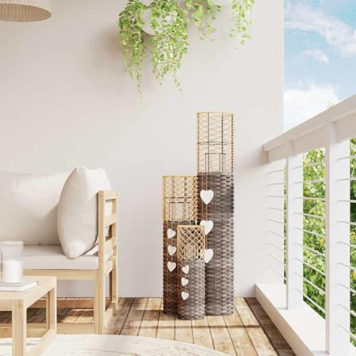 Kerzenhalter 3 Stück Grau aus Korbweide mit Glasgefäß, 15 bis 110 cm Höhe, dekorativer Kerzenständer für Wohnzimmer, Balkon, Hochzeit, Tischdeko, vielseitiger Windlicht Halter