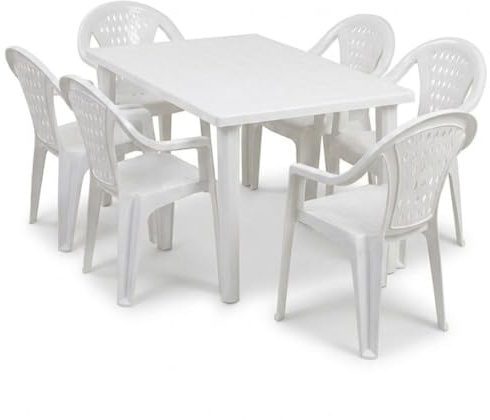 Tomaino Set Tavolo e 6 Sedie da Giardino Marshall in Polipropilene, Tavolo Rettangolare 120x70 cm con Foro Ombrellone, Sedie Impilabili con Braccioli, per Terrazzo e Balcone – Bianco