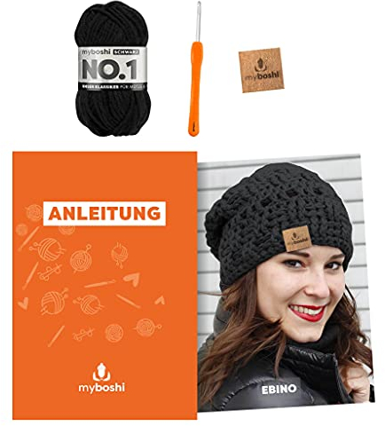 myboshi Häkelset Mütze Ebino, inkl. No.1 Wolle, Nadel und Anleitung, für Mützen und Schals, Häkelpaket, 30% Merinowolle Schwarz, mit Häkelnadel
