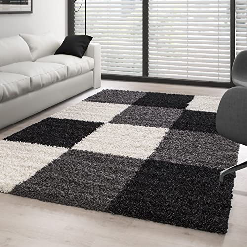 Carpettex Hochflor Teppich Wohnzimmer Shaggy Flokati Teppich Modern Kariert Design 200 x 290 cm Schwarz - Teppich Schlafzimmer Weich Flauschig Waschbar Teppich Küche Esszimmer - Langflor Teppiche