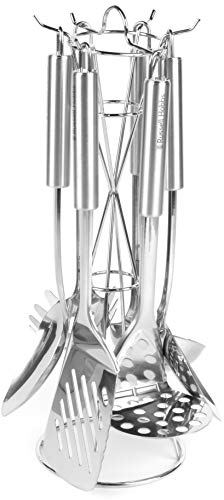 Russell Hobbs RH00123EU Kitchen Utensil Set & Holder, 6 Piece Includes Ladle, Spaghetti Spoon, Slotted Spoon, Solid Spoon, Slotted Turner and Masher, Easy Clean, Mirror Polish Finish, Stainless Steel