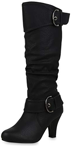 SCARPE VITA Damen Schnürstiefel Plateau Stiefel Retro Leder-Optik 157003 Schwarz Schnallen Total 37