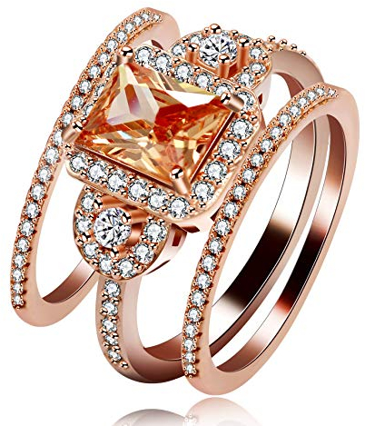 Uloveido 3pcs stapelbar Braut Ringe Set Rose Gold plattiert, 3-Stein Smaragd geschnitten Champagner gelb CZ Solitaire Accent Engagement Eheringe für Frauen (Größe 57) Y434