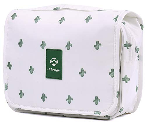 Narwey Trousse de Toilette à Suspendre Femmes Trousse de Maquillage Accessoires Trousse Toilette Voyage Organisateur Cosmétique (Cactus Blanc)