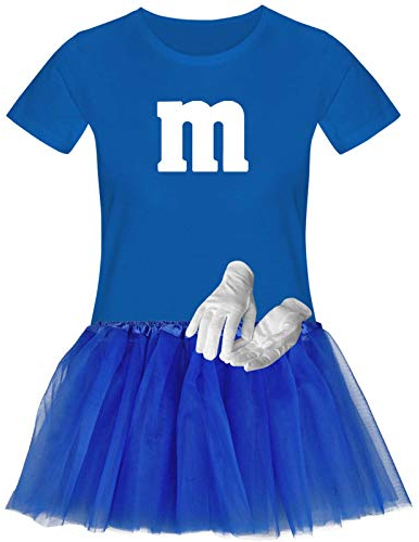 Jimmys Textilfactory T-Shirt M&M & Tüllrock Karneval Kostüm Set 11 Farben XS-3XL Damen Verkleidung Tütü Gruppenkostüm Partner Fasching, Gr.:M, Farbe:royalblau (+Handsch. weiss/Tütü royalblau)