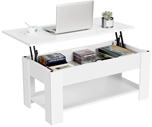 Yaheetech Table Basse avec Plateau Relevable Table de Salon Moderne avec Etagère de Rangement Compartiment Caché pour Salon Bureau 98 x 50 x 42 cm Blanc