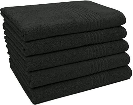 ZOLLNER 5er Set Duschtücher in 70x140 cm - saugstarke Handtücher in schwarz - mit praktischem Aufhänger - mit edler Streifenbordüre - waschbar bis 60°C - Baumwolle - Hotelqualität