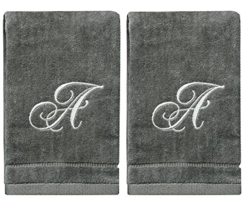 Monogrammierte Handtücher, Fingerspitze, personalisiertes Geschenk, 28.9 x 45.7 cm, 2 Stück, silberfarbene bestickte Handtücher, extra saugfähig, für Badezimmer/Küche/Spa, Initiale A (grau)