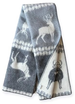 JOWOLLINA Wendedecke Wolldecke Plaid Kuscheldecke aus Öko-Wolle mit lustigem Tiermotiv (Hirsch Grau)