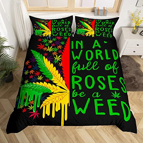 Castle Fairy Bunter Cannabis-Blatt-Bettbezug für Jungen, Mädchen, Marihuana-Unkraut-Bettdeckenbezug, volle Größe, Trippy Blätter, Bettwäsche-Set, Bettbezug, Hippie-Boho-Bettwäsche mit Reißverschluss