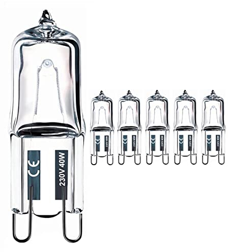 Vinaco Halogen G9 40W, /5er Pack G9 Halogenbirne 40 Watt Hohe Helligkeit 520LM, G 9 Dimmbar Lange Lebensdauer, Glühbirne mit G 9 Sockel, JCD G 9 220V-240V 40W für Kronleuchter,Schrankleuchten