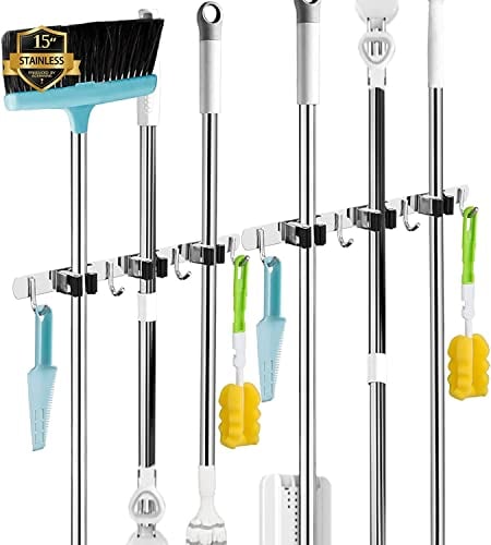 3 Holders+4 Hooks 2 Pack Broom Holder Wall Mounted with Nails Installation, Heavy Duty Stainless Steel Mop Holder, Brush Mop and Broom Storage Self Adhesive