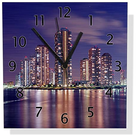 Wallario Design Wanduhr Tokyo- Skyline bei Nacht aus Aluverbund, Alu-Uhr Größe 30 x 30 cm, Schwarze Zeiger mit Metalloptik