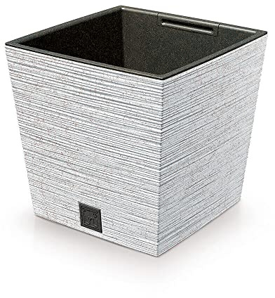 Prosperplast 2in1 Blumentopf mit Innenkübel Blumenkasten Pflanzentopf Übertopf Kunststoff Holz Meißel Optik 29,5 cm x 29,5 cm x 29 cm (Weiß)