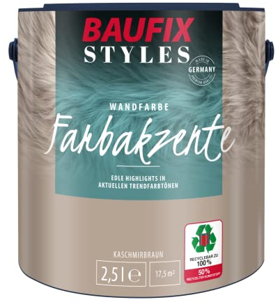 BAUFIX Farbakzente kaschmirbraun, seidenmatt, 2.5 Liter, Bunte Wandfarbe, für Wände und Decken innen, lichtecht, strapazierfähig, hohe Deckkraft