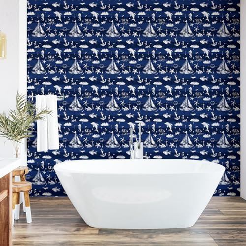 ABAKUHAUS Navy Blue Peel & Stick Wallpaper, Sailboat Vertical Stripe Pattern Anchor Fishes Gulls Paint Effect Nautical Theme, Self-Adhesive Living Room Kitchen Accent, 33 cm x 250 cm, Indigo Navy Blue