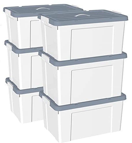 Cetomo 90L*6 Storage Boxes, Carry Plastic Storage Box with Lids, Organizing Container with Handle and Secure Latching Buckles, Stackable, Nestable, Tote Bin for Home Office Clothes, 90L-6Pack, White