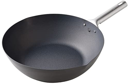 YAMAZEN, 12” Iron Wok Pan Flat Bottom Suitable for Flat Electric/Induction Stove | Nitriding Surface | Chinese Wok for Induction/Electric/Gas Stove/All Stoves | Made in Japan, A-77678