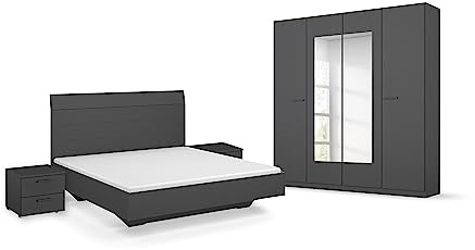 Rauch Möbel Florenz, Schlafzimmer-Set, Farbe Grau metallic, 4-teilig | Set bestehend aus Bett, Liegefläche 160x200cm, 2 Nachttische 2 Schubladen 40x36x40cm, Kleiderschrank, Spiegel 181x210x54cm