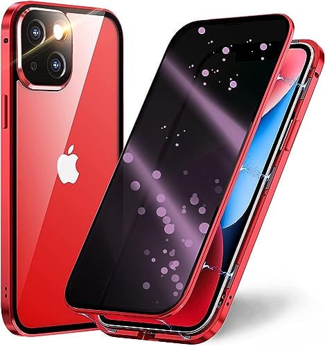 Privacy Case for iPhone 13 Mini Double-sided Cover,360 Full Body Protection Built-in Anti-peeping Screen and Camera Protector Metal Bumper Front and Back Tempered Glass Anti-Spy Case,Clear Red