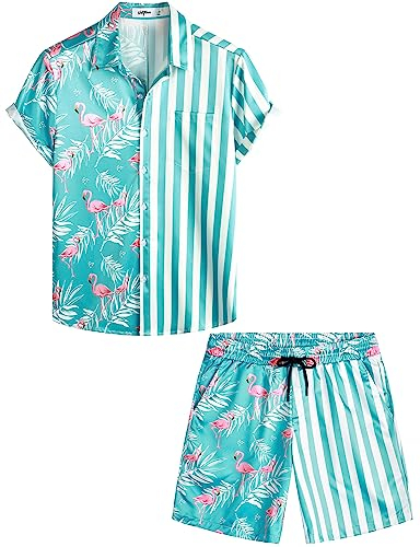 VATPAVE Herren Flamingo Hawaii 2 Teiliges Sets Kurzarm Freizeithemden Strand Outfits Groß Ahorn Flamingo