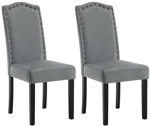 WOLTU 2er Set Esszimmerstühle, Küchenstuhl mit hoher Rückenlehne, Polsterstuhl, Wohnzimmerstuhl, Design Stuhl, mit Massivholzbeinen, gepolstert, Samt, Hellgrau, BH385hgr-2
