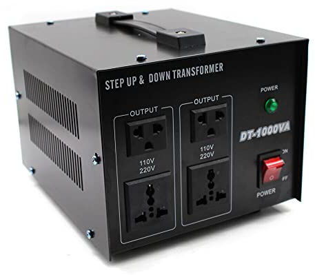 Spannungswandler 1000VA, 800W, 110V/220V, 4 Steckdosen | Überlastschutz, Tragegriff, Betriebsanzeige, großflächiger Kühlkörper, robustes Eisengehäuse