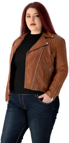 URBAN 5884 Plus Size MIKA Damen Lederjacke, Herbstjacke aus weichem und strapazierfähigem echtem Lammfell, Damenjacke im Biker-Stil für die kurvige Figur, Cognac, 54