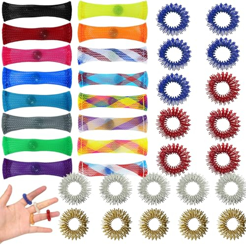 36 Stück Gewebter Netzschlauch mit Marmorspielzeug Set, 16 Squeeze Spielzeug mit 20 Stressabbauringe, Fidget Toys für Erwachsene und Kinder Anti Stress