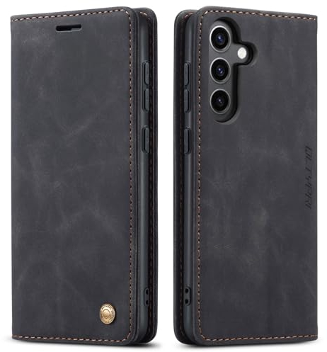 QLTYPRI Hülle für Samsung Galaxy S24, Vintage Dünne Handyhülle mit Kartenfach Geld Slot Ständer PU Ledertasche TPU Bumper Wallet Case Flip Schutzhülle Kompatibel mit Samsung Galaxy S24 - Schwarz