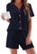 Ekouaer Women's Pyjama Sets Shorts Kurz Sleep & Lounge Ladies Sommer Button Up Pyjama for Ladies V-Neck Nightwear Soft Loungewear, Navy Blue, S