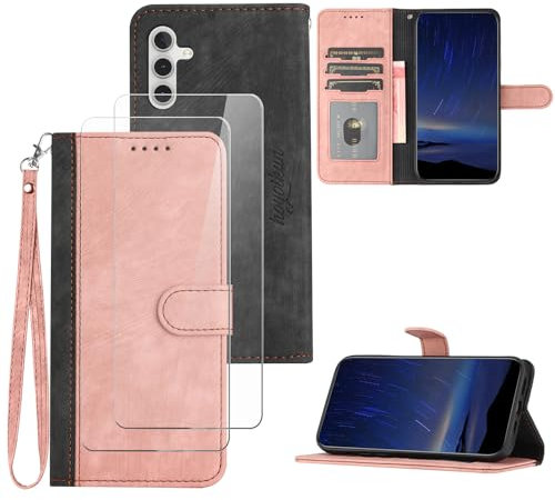 Hoyoikun Flip Custodia in Pelle PU Premium per Samsung Galaxy A35 5G+(2 Pezzi Vetro Temperato).Custodia Sottile in Pelle per Telefono,Premium PU/TPU,Supporto Stand,Chiusura Magnetica viola-Rosa