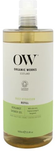 Organic Works Daily Hydration Shower Gel - Exfoliating Body Wash with Bergamot, Sweet Orange Essential Oils - Cruelty-Free - Bergamot - 33.8 oz