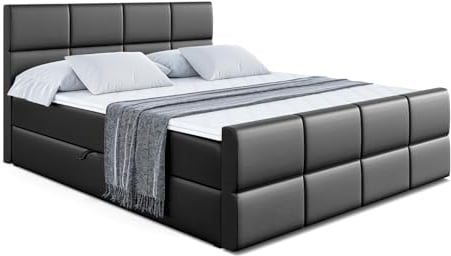 ALTDECOR Boxspringbett mit Matratze und Lattenrost, Boxbett, Topper, Fußteil, Polsterbett mit Bettkasten, Bett mit Stauraum H4-Matratze, Springboxbett - ARDENI-Z - 140x200 - Schwarz Kunstleder