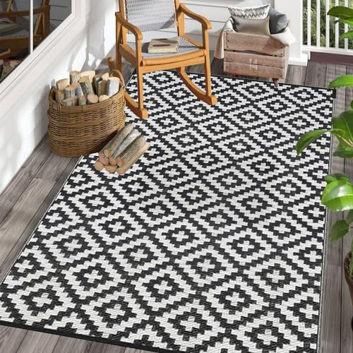 XQKXHZ Großer Teppich Für Balkon Wetterfest 270X360cm Outdoor-Teppich Recycelte Kunststoffteppich Schwarz & Weiß Terassenteppich - Wendbarer Outdoorteppich Garten - Teppich Leicht Zu Reinigen